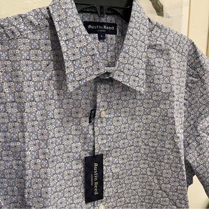 Austin Reed blue floral and geometric mens short sleeve button down shirt large